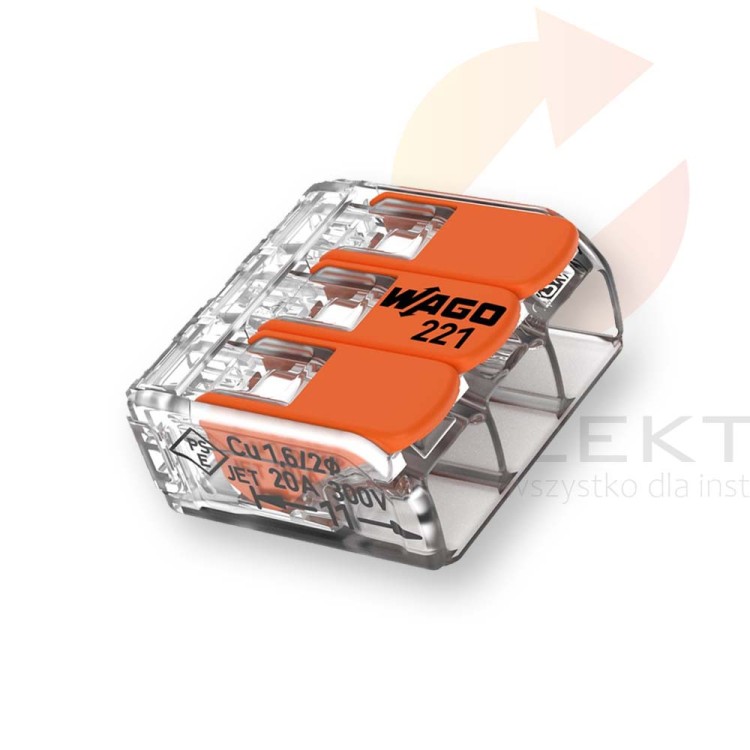 WAGO Szybkozłączka instalacyjna z dźwignią 3x0,2-4mm2 pomarańczowa 221-413 /50szt./  Hurtownia Elektryczna Lux-Elektro Rzeszów Tyczyn | Sklep Elektryczny Online