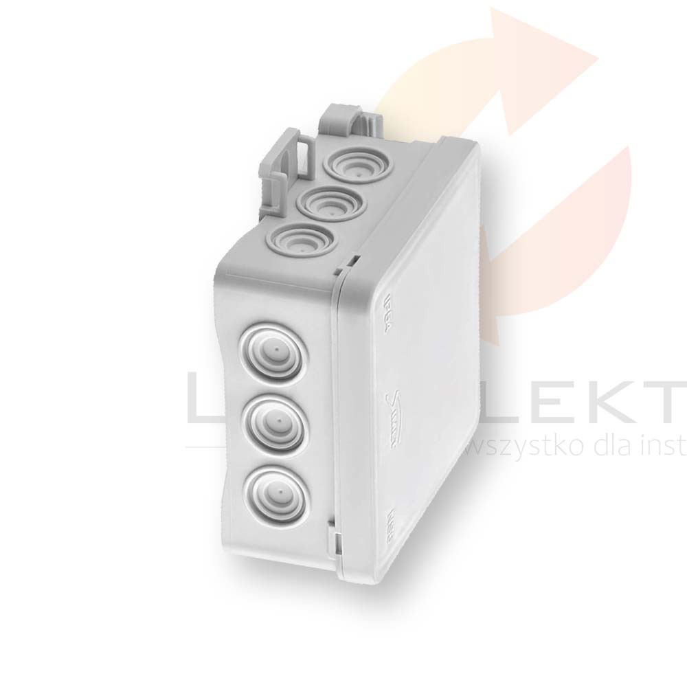 Puszka naścienna 85x40x85mm z dławnicą zintegrowaną samozatrzaskowa, bezhalogenowa, seria FASTBOXiHOOK szara IP54 NS6 35346102 Hurtownia Elektryczna Lux-Elektro Rzeszów Tyczyn | Sklep Elektryczny Online